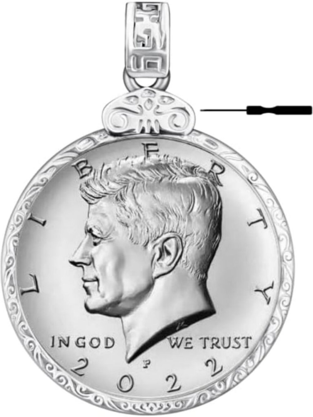 Sterling Silver Coin Holder for 30.64mm Coins - Secure Screw Top, 50 Cent Border